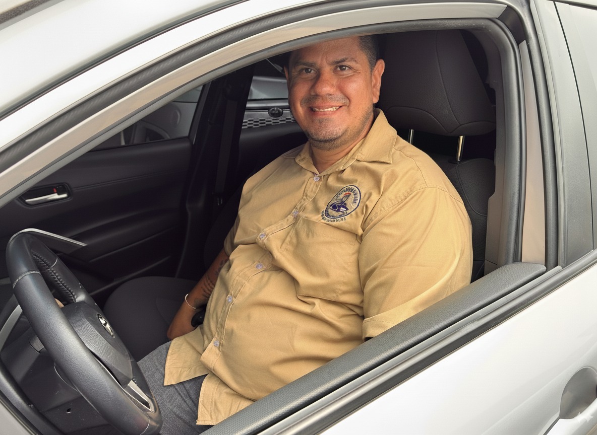 Conductor profesional de Transnahum sonriendo, listo para un servicio de traslado de vehículos en Cali.